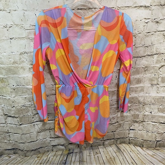 SHEIN Orange Pink Retro Sheer Mesh Swim Coverup Romper - Picture 1 of 6